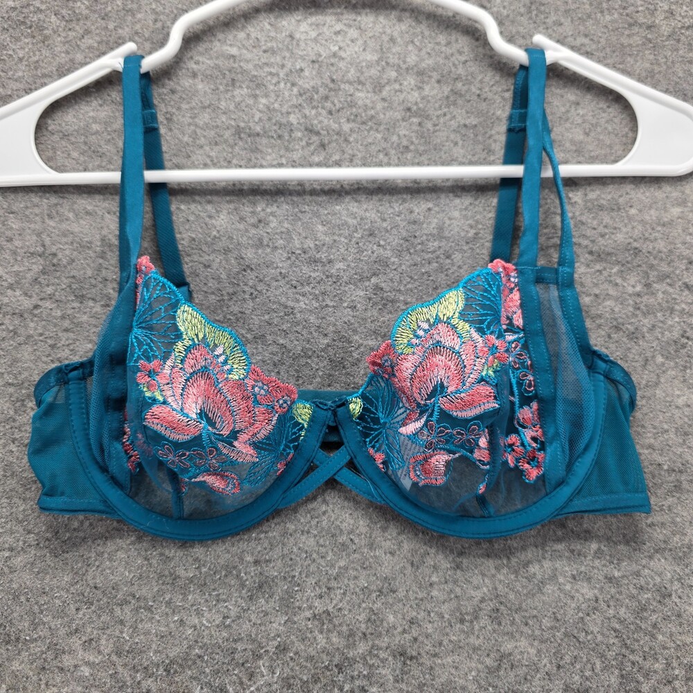 Adored by Adore Me Bra Womens 32D Blue Floral Sheer Underwired